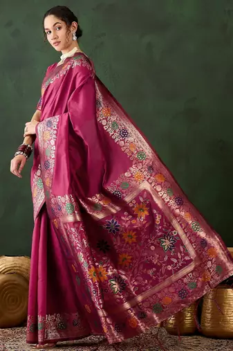 pink woven jacquard silk blend saree with blouse piece