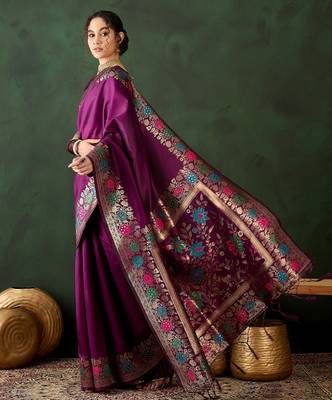 purple woven jacquard silk blend saree with blouse piece 1