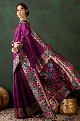 purple woven jacquard silk blend saree with blouse piece
