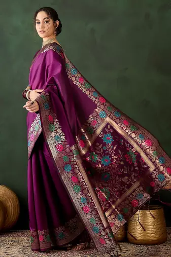 purple woven jacquard silk blend saree with blouse piece