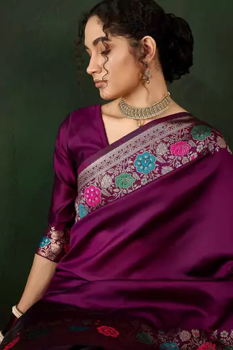 purple woven jacquard silk blend saree with blouse piece