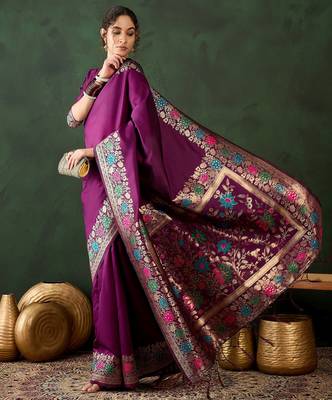purple woven jacquard silk blend saree with blouse piece 4