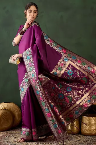 purple woven jacquard silk blend saree with blouse piece