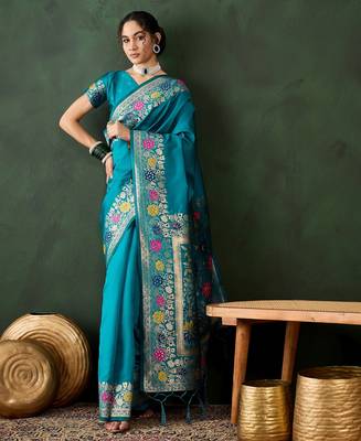 teal woven jacquard silk blend saree with blouse piece 1