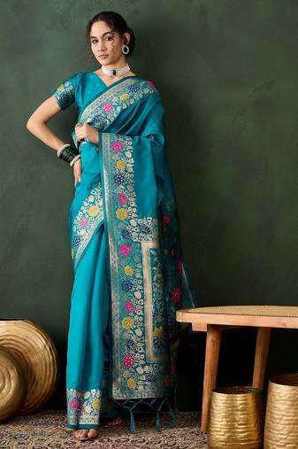 teal woven jacquard silk blend saree with blouse piece