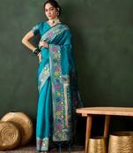teal woven jacquard silk blend saree with blouse piece