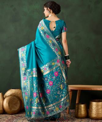 teal woven jacquard silk blend saree with blouse piece 2