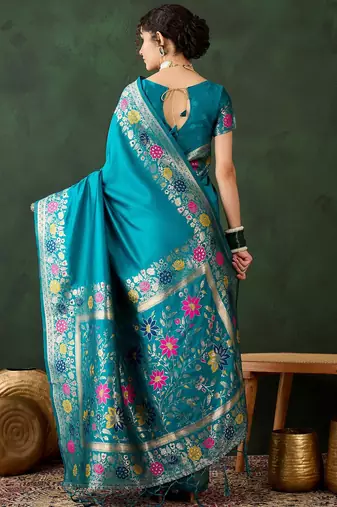 teal woven jacquard silk blend saree with blouse piece