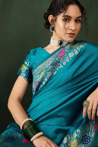 teal woven jacquard silk blend saree with blouse piece