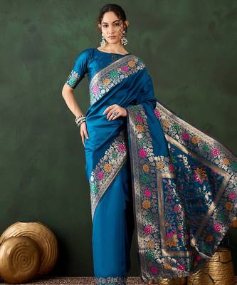 blue woven jacquard silk blend saree with blouse piece 1