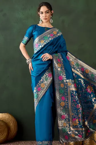 blue woven jacquard silk blend saree with blouse piece