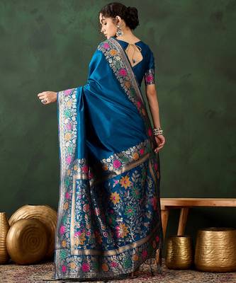 blue woven jacquard silk blend saree with blouse piece 2