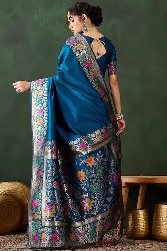 blue woven jacquard silk blend saree with blouse piece
