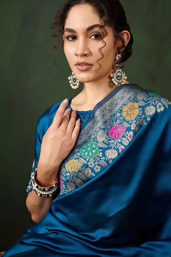 blue woven jacquard silk blend saree with blouse piece
