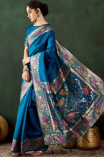 blue woven jacquard silk blend saree with blouse piece