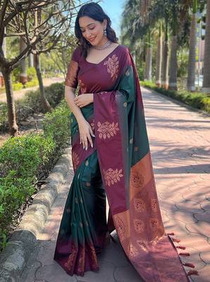 green weaving jari designer art silk saree with blouse piece 1