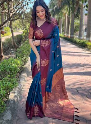 blue weaving jari designer art silk saree with blouse piece 1