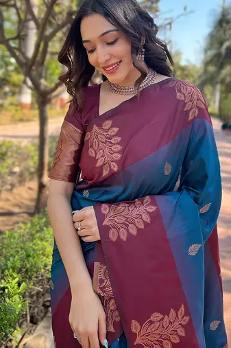blue weaving jari designer art silk saree with blouse piece