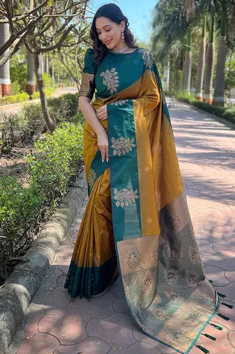 mustard weaving jari designer art silk saree with blouse piece