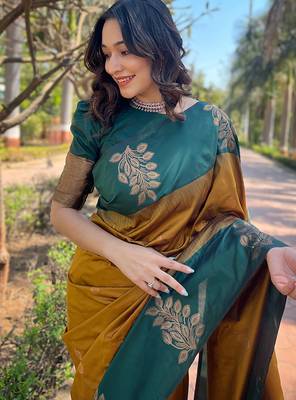 mustard weaving jari designer art silk saree with blouse piece 2