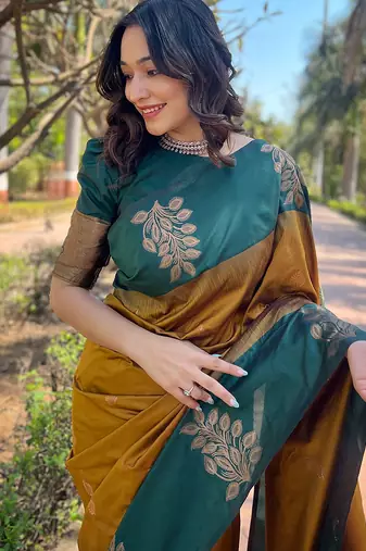 mustard weaving jari designer art silk saree with blouse piece
