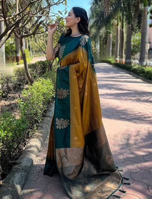 mustard weaving jari designer art silk saree with blouse piece 3