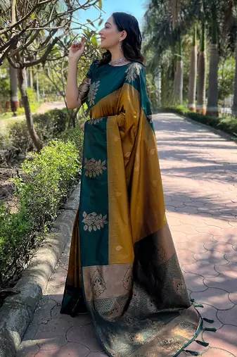 mustard weaving jari designer art silk saree with blouse piece