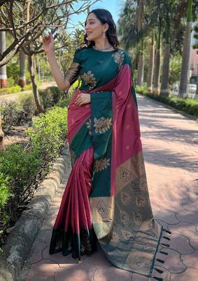 pink weaving jari designer art silk saree with blouse piece 1