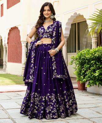 Purple silk blend Zari sequin Embroidered silk blend Lehenga Choli With Dupatta Set 1