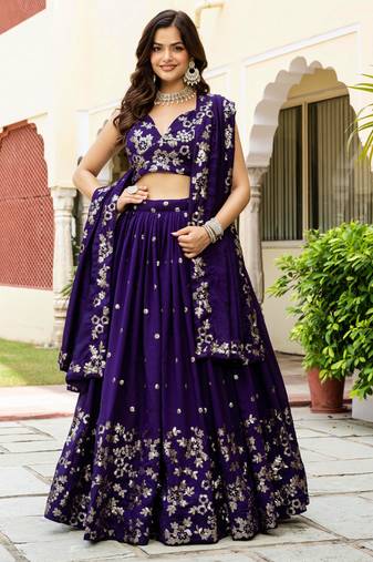 Purple Silk Zari sequin Embroidered Silk Lehenga Choli With Dupatta Set