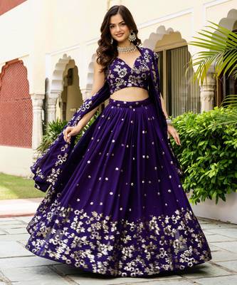 Purple silk blend Zari sequin Embroidered silk blend Lehenga Choli With Dupatta Set 2