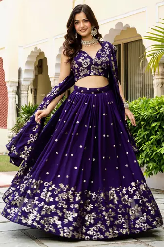 Purple Silk Zari sequin Embroidered Silk Lehenga Choli With Dupatta Set