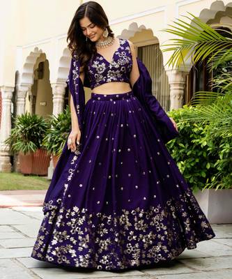 Purple silk blend Zari sequin Embroidered silk blend Lehenga Choli With Dupatta Set 3