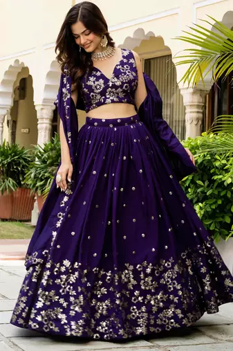 Purple Silk Zari sequin Embroidered Silk Lehenga Choli With Dupatta Set