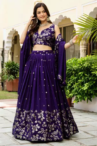 Purple Silk Zari sequin Embroidered Silk Lehenga Choli With Dupatta Set