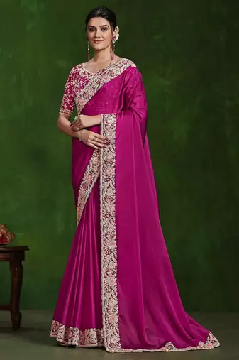 pink Sequins with handwork habotai silk blend saree with blouse piece