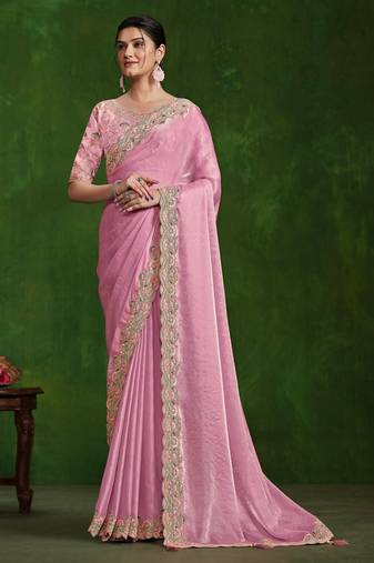 pink Sequins with handwork 2 tone satin silk saree with blouse piece