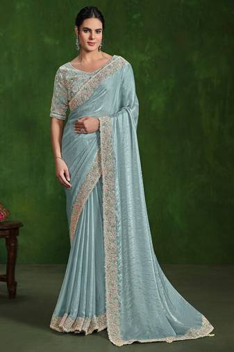 sea green multi Sequins with handwork 2 tone satin silk saree with blouse piece