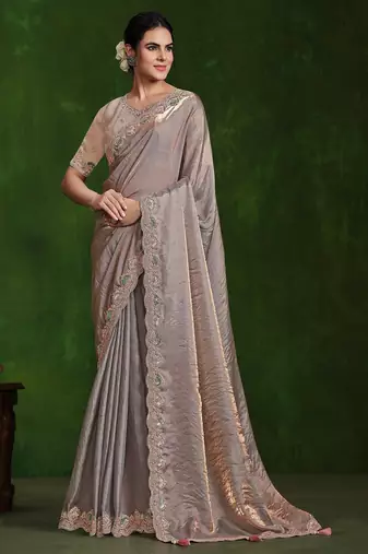 peach dual Sequins with diamond work 2 tone satin silk saree with blouse piece
