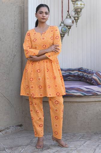 Orange printed cotton tunic with pants - set of 2