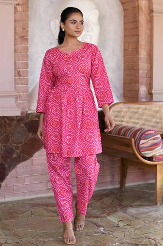 Pink printed cotton tunic with pants - set of 2