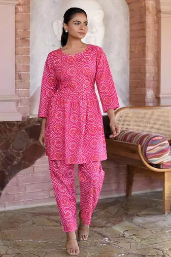 Pink printed cotton tunic with pants - set of 2