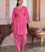 Pink printed cotton tunic with pants - set of 2