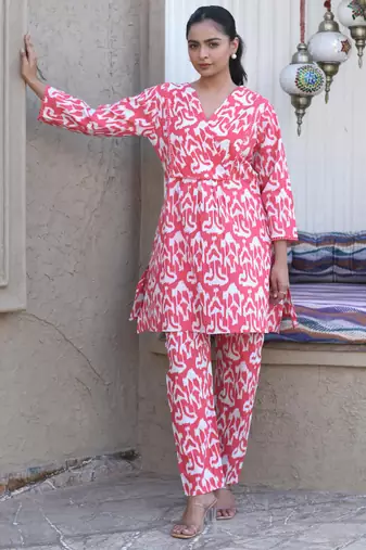 Pink white printed cotton tunic with pants - set of 2