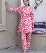 Pink white printed cotton tunic with pants - set of 2