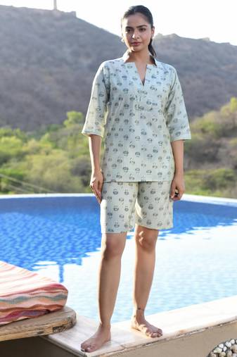 Blue printed cotton co-ord set - set of 2