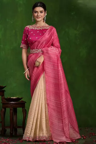 pink Sequins thread & stone work/ texture pallu banarasi crush silk saree with blouse piece