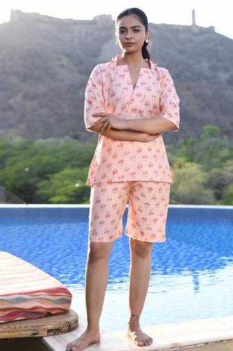 Pink printed cotton co-ord set - set of 2
