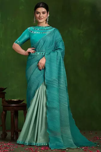 blue mirror thread work/ texture pallu crepe silk georgette saree with blouse piece