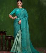 blue mirror thread work/ texture pallu crepe silk georgette saree with blouse piece